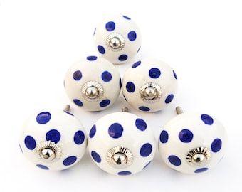 Keramische kastknop met blauwe stippen, zilveren hardware (set van 1 knop)