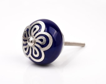 Elegant Navy Blue Ceramic Knob with Silver Floral Design – Cabinet & Dresser Pull