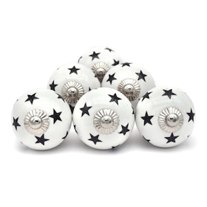White With Black Star Design Knobs, Beautiful Designer Ceramic Knobs For Door Pull Cabinet Pull, Hand Printed Smooth Knobs, Furniture Knobs
