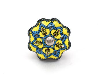 Knobs White Flower Ceramic: Handpainted Green Gold Drawer Pull Vintage Style(Set of 1 Knob)