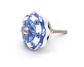 Ceramiczna, nowoczesna gałka w kwiaty, wzór niebieskiej dyni: biała podstawa uchwytu szuflady (zestaw 1 gałki)