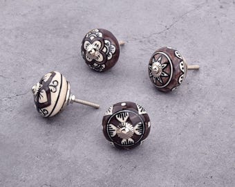 Handgeschilderde keramische knoppen, bruin en wit, meubelbeslag (set van 1 knop)