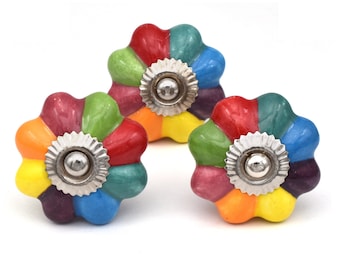 Knop met bloemenmeloen: veelkleurige keramische kasthandgreep met gestreepte bloembladvorm (set van 1 knop)