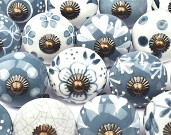 Hand Painted Ceramic Cabinet Knob, Dark Gray & White, Assorted Designs(Set of 1 Knob)