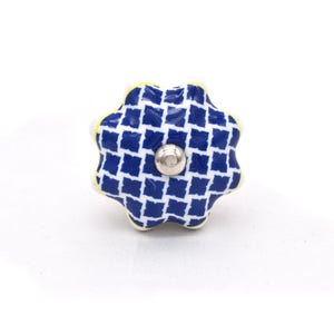 Blue and White Pumpkin Round Shape Checks Design Hand Painted Ceramic knobs / Ceramic Drawer Pulls / Cabinet Knobs/ Kitchen Cabinet Knobs