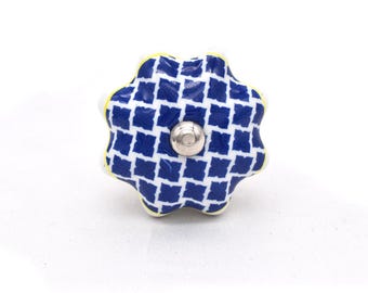 Ceramic Blue Checkered Knob In Pumpkin Shape: Hand Painted Drawer Pull(Set of 1 Knob)
