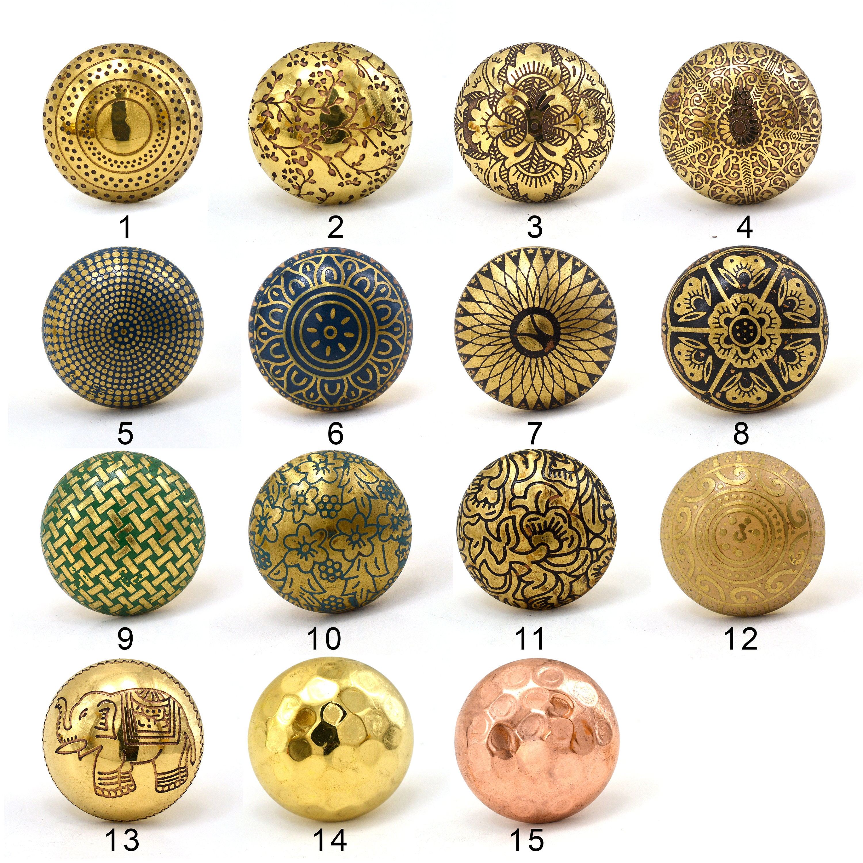 Moroccan Copper Round Multi Colors Knob / Floral Etched Brass Knob