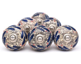 Pomelli per mobili in ceramica blu con motivi floreali fatti a mano, pomelli rotondi stampati (set da 1 pomello)