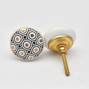 Geometric Ceramic Drawer Knob, Black and White Cabinet Accent, Gold Honeycomb Art Deco Hardware
