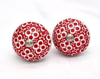 Handmade Red White Ceramic Cabinet Knob, Mandala Flower Pull(Set of 1 Knob)