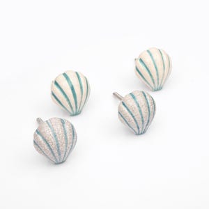 Handcrafted Sea Shell Ceramic Knob- Unique Crackle Glaze White and Teal Blue Striped Scallop Cabinet Pulls (Set of 1 Knob)