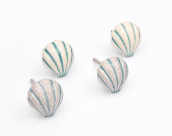 Handcrafted Sea Shell Ceramic Knob- Unique Crackle Glaze White and Teal Blue Striped Scallop Cabinet Pulls (Set of 1 Knob)
