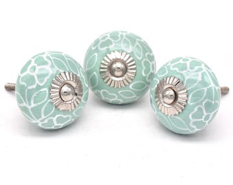 Green Ceramic Knobs with White Flower, Hand-Painted Drawer Pull(Set of 1 Knob)