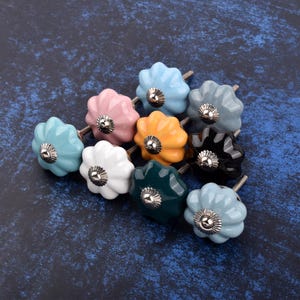 May include: A selection of ten ceramic cabinet knobs in assorted colours, such as pink, white, blue, and black. Each knob features a flower-like design with a silver-coloured metal base and stem. The knobs are displayed on a dark blue surface.
