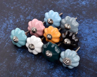 Knob Multicolor Pumpkin Ceramic: Handpainted White Green Gold Drawer Pull, Unique Flower Decorative Cabinet Handle(Set of 1 Knob)