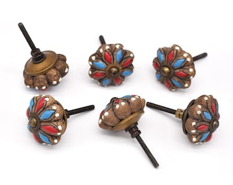 Hand-Painted Ceramic Pumpkin Knobs: Brown, Red & Blue(Set of 1 Knob)