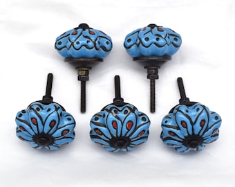 Ceramic Knob Blue Floral: Hand-Painted Modern Cabinet Pull with Silver Fittings(Set of 1 Knob)