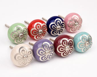 Colorful Floral Ceramic Drawer Knobs Set – Hand Painted Cabinet Pulls, Vintage Flower Design Furniture
