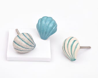 Sea Shell Knob, Aqua Blue Ceramic Cabinet Hardware, Hand Painted Scallop Design with Crackle Glaze