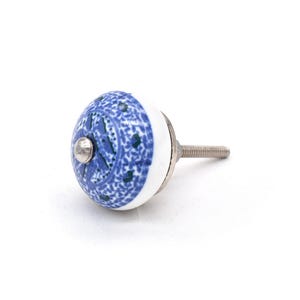 May include: A round ceramic cabinet knob with a blue and white floral design. The knob has a silver-coloured metal base and screw. The blue pattern includes small green accents. The knob is designed for furniture.