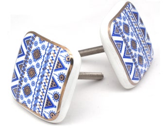 手描きセラミックスクエアノブ、ロイヤルブルーゴールドデザイン（ノブ1個セット）