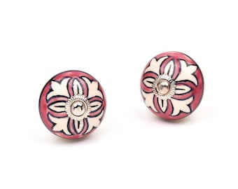 Hand-Painted Floral Ceramic Knob – Red & Cream Lotus Design Decorative Drawer Pull (Set of 1)