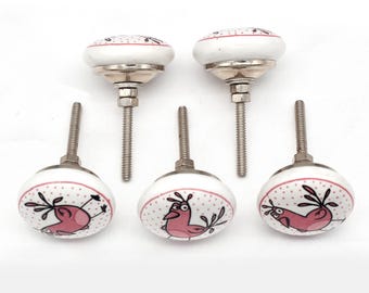 Round Printed Pink Ceramic Knobs, Hand Painted Furniture Hardware(Set of 1 Knob)