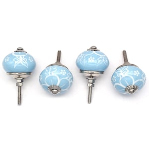 Hand-Painted Blue Floral Ceramic Drawer Knob, Furniture Hardware(Set of 1 Knob)
