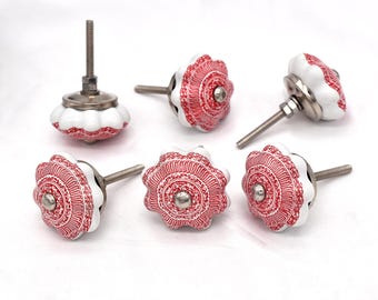 Floral Mandala Knob Red White Ceramic Pumpkin Shape Hardware(Set of 1 Knob)