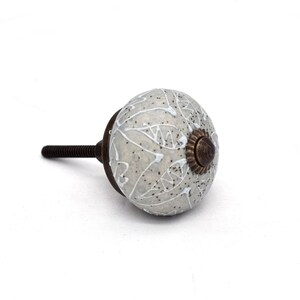 Gray ceramic knobs with hand-painted white mandala floral pattern, bronze back, threaded metal screw, home decor hardware