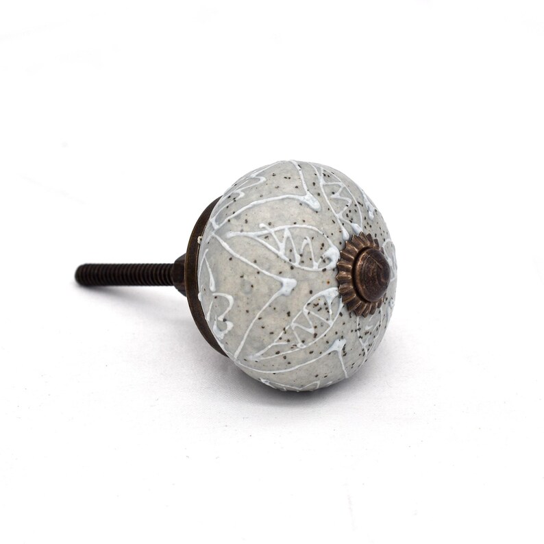 Gray ceramic knobs with hand-painted white mandala floral pattern, bronze back, threaded metal screw, home decor hardware