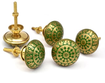 Green & Gold Floral Brass Cabinet Knobs - Decorative Dresser Pulls(Set of 1 Knob)