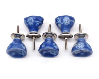 Hand-Painted Ceramic Cabinet Knob, Blue Floral Decor(Set of 1 Knob)