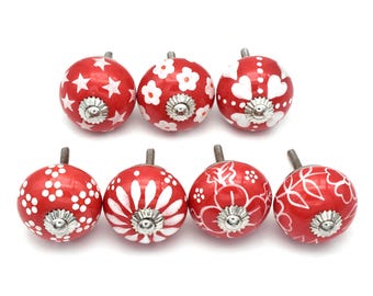 Red Ceramic Knobs, Hand-Painted Floral Cabinet Hardware(Set of 1 Knob)