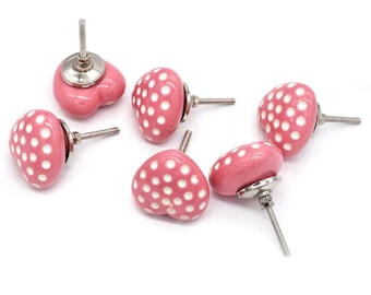 保育園用ノブ ピンク セラミック ハート：水玉模様 引き出し取っ手（ノブ1個セット）