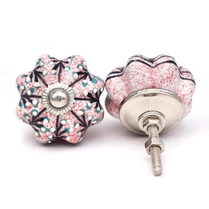 Könnte beinhalten: Zwei Keramik-Schrankknöpfe mit weißer Basis und rotem und grünem Blumenmuster. Die Knöpfe haben eine silberne Metallbasis und eine Schraube.