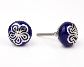 Elegant Navy Blue Ceramic Knob with Silver Floral Design – Cabinet & Dresser Pull