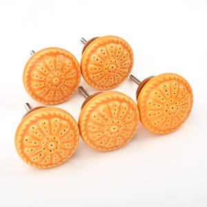 Mustard Orange Embossed Ceramic Knob - Sunburst Floral Decorative Drawer Pull for Boho Cabinets,  and Cupboard Doors (Set of 1 Knob)
