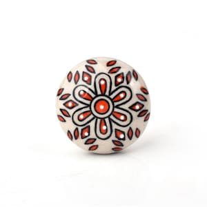 Handcrafted Red and Black Floral Mandala Ceramic Knob - Unique Hand-Painted Decorative Cabinet Pull (Set of 1 Knob)