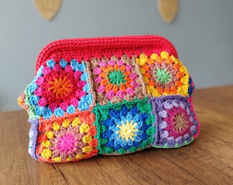 Crochet Red Shoulder Clutch Bag For Ladies,Red Granny Square Clutch,Festival Cotton Retro Bag, Crochet Toilotery Purse For Wife, Hippie Bag