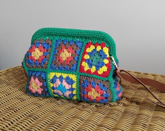Cotton Green Crochet Claps Clutch Bag,Knitted Hippie HandBag, Colorful Retro Crossbody Pouch For Gift, Grab-and-Go Bag, Design Clutch Bag