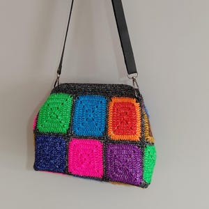 Gehaakte patchwork-clutch, oma Square kleurrijke avondschoudertas, gebreide festivalschouderhandtas,