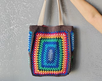 Granny Square Huge Bag For Woman, Crochet Sack Bag Gift For Mom , Granny Square Vintage Bag , Gift For Wife, Vintage Bag For Girls
