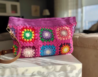 Pink Based Crochet Cotton Clutch Bag For Woman,Granny Square Motif Bag,Hippie colorful Crossbody Bag With leather Handle