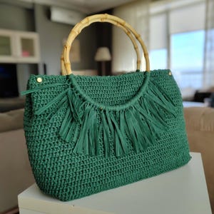 Crochet Green Raffia Tote Bag, Natural Yarn Bag, Crochet Tote Bag, Eco Friendly Bag, Knitted with Tassel Handbag,Bamboo Handle Bag