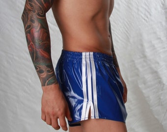 Short de football rétro en PVC - Tailles petit à 4TG - Bleu royal et blanc
