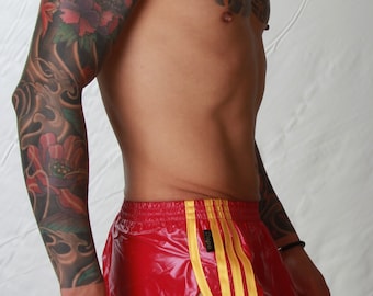 Gloss PU Nylon Retro Sprinter Shorts - Sizes Small to 4XL - Red & Sunflower Gold