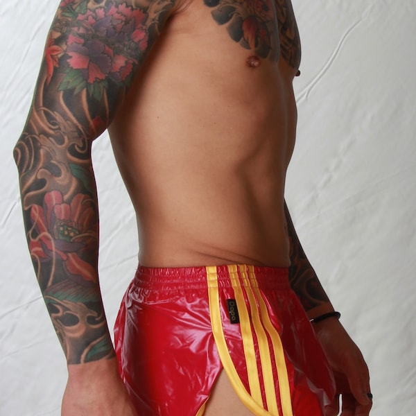 Gloss PU Nylon Retro Sprinter Shorts - Sizes Small to 4XL - Red & Sunflower Gold