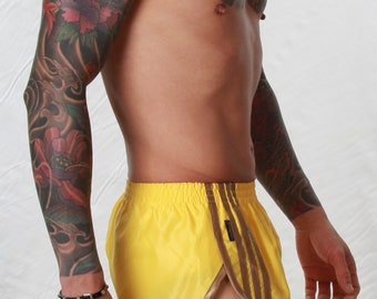 Nylon Satin Retro Sprinter Shorts - Sizes Small to 4XL - Yellow & Old Gold