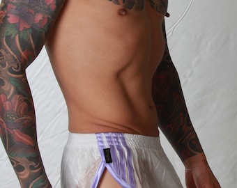 Soft Ripstop Nylon Hi Cut/Low Rise Sprinter Shorts - Sizes Small to 4XL - White & Lilac